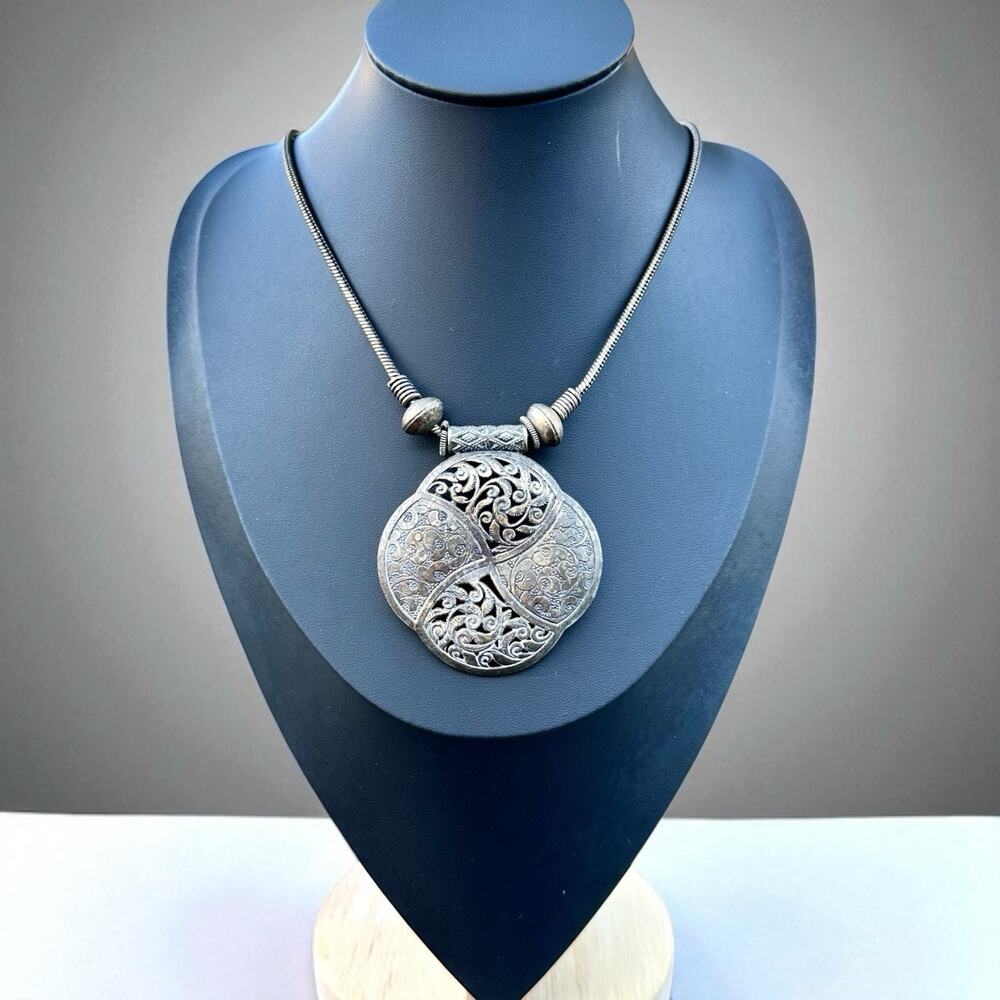 Vintage Moroccan Style Necklace Silver Medallion Statement Ethnic Tribal 19”